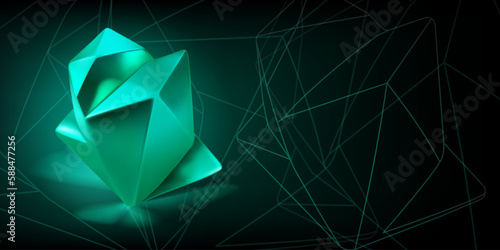 Abstract background with a turquoise low-poly 3d object in the form of a polyhedron and a outlines of geometric shapes on a dark background