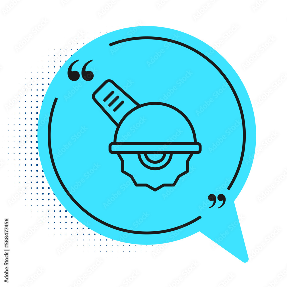 Fototapeta premium Black line Electric circular saw with steel toothed disc icon isolated on white background. Electric hand tool for cutting wood or metal. Blue speech bubble symbol. Vector