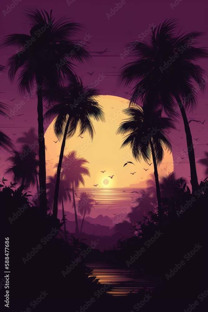 Tropical sunset with palm trees.