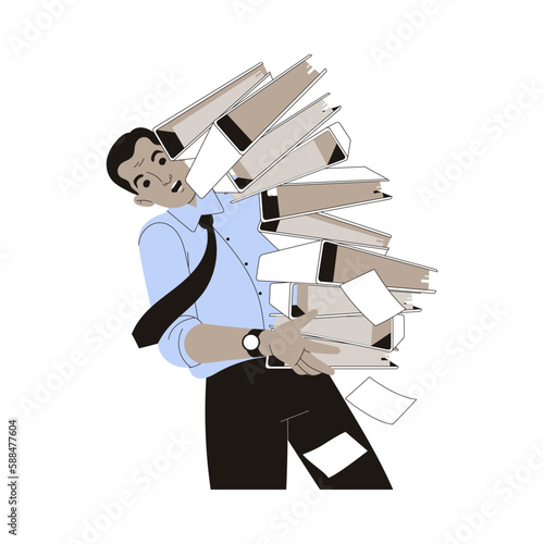 Office Bureaucracy with Man Character with Folders Vector Illustration