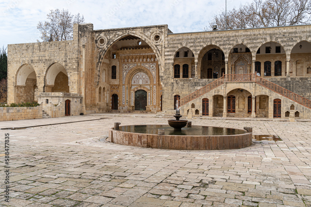 Old historic Beiteddine Palace courtyard with fountain, traditional Lebanese architecture, Lebanon