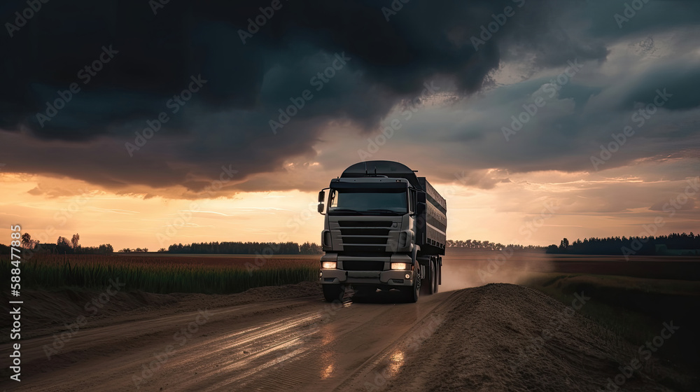Truck driving on the asphalt road in rural landscape. Generative AI