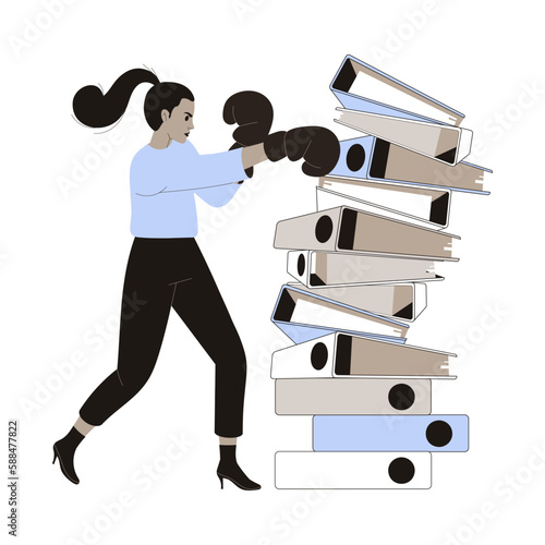 Office Bureaucracy with Woman Character Fighting with Folders in Boxing Gloves Vector Illustration