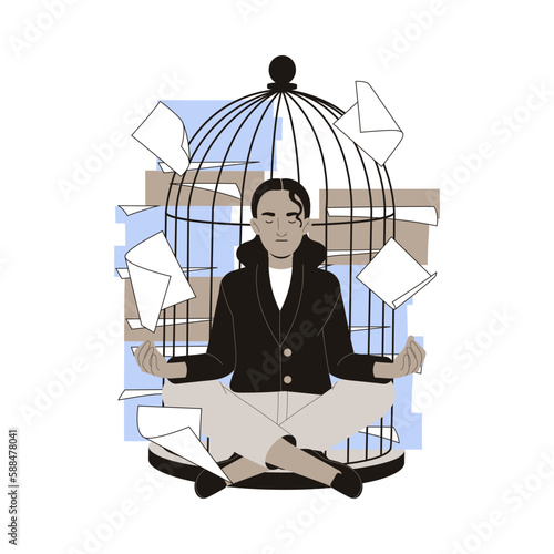 Office Bureaucracy with Woman Character at Cage Meditating with Paperwork Around Vector Illustration