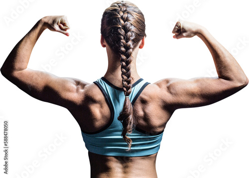 Rear view of woman with braided hair flexing muscles