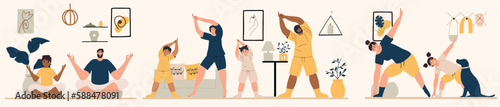 Diversity families with their children doing yoga. Mom, dad, daughter and son take care of their health. Vector illustration in hand drawn style