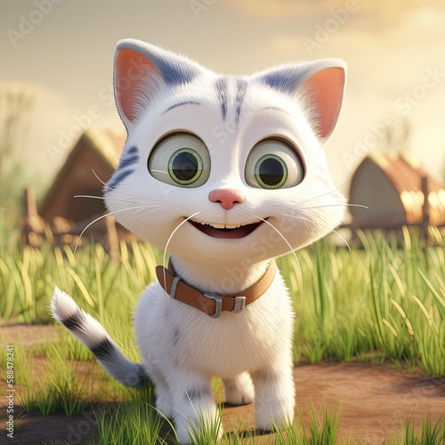 Realistic 3d render of a happy furry and cute baby cat smile.