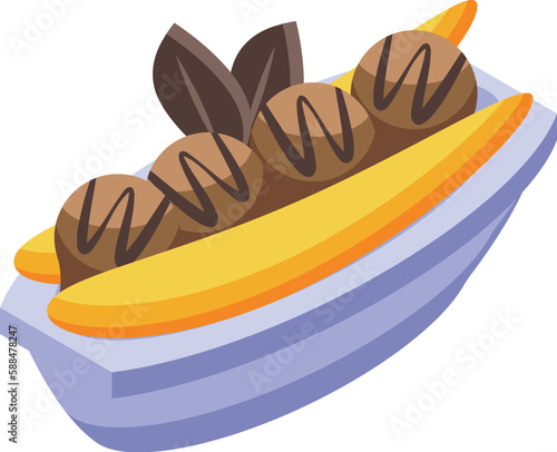 Chocolate banana split icon isometric vector. Cherry cream. Frozen snack