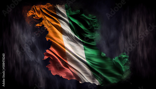 Country Flag of Ireland in Explosion or Splashing With White Smoke Wind on Dark Backdrop AI Generative