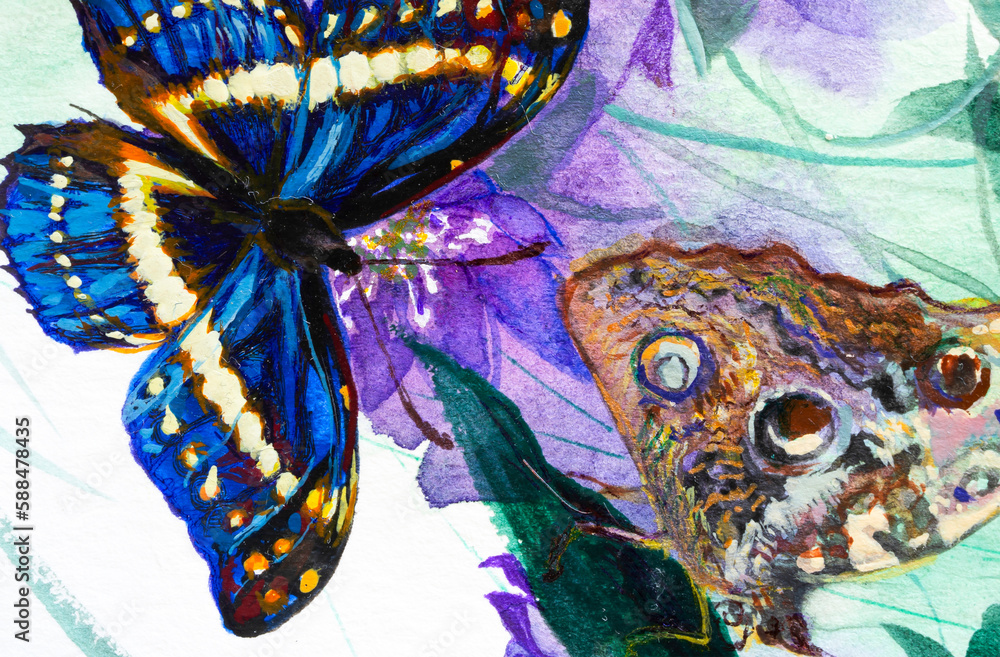 Butterflies and a flower closeup, watercolor on white background.