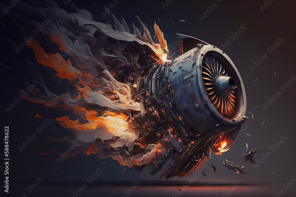Fire explosion of a plane engine. Burning flames engulfing a destroyed jet engine. Ai generated