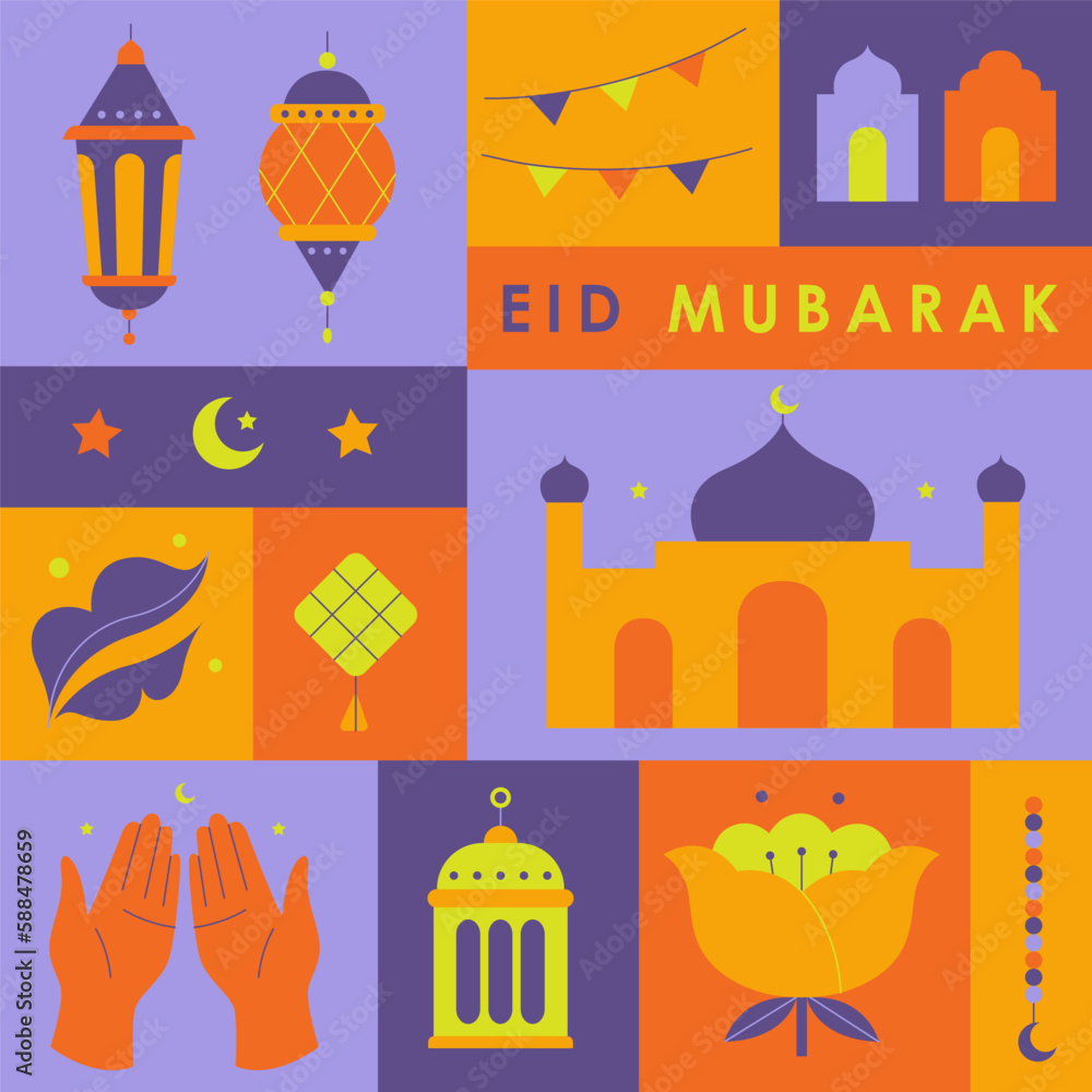 Eid Al Fitr holiday poster. Eid Mubarak greeting card design. Ramadan celebration geometric flat vector illustration.