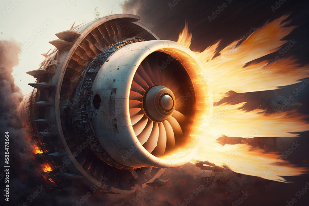Fire explosion of a plane engine. Burning flames engulfing a destroyed
