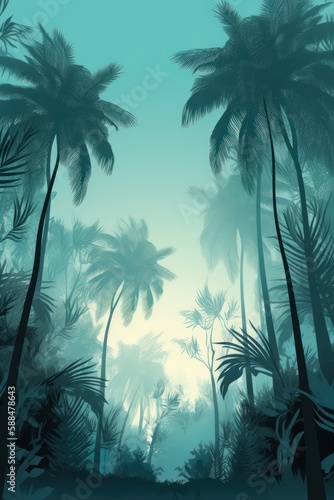 Tropical sunset with palm trees in shades of emerald color