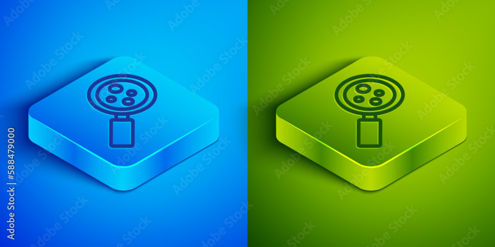 Isometric line Microorganisms under magnifier icon isolated on blue and green background. Bacteria and germs, cell cancer, microbe, virus, fungi. Square button. Vector Isometric line Microorganisms under magnifier icon isolated on blue and green background. Bacteria and germs, cell cancer, microbe, virus, fungi. Square button. Vector