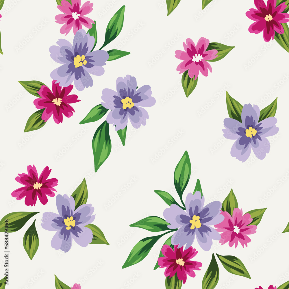 Seamless floral pattern, cute rustic ditsy print. Delicate botanical design with small hand drawn flora: lilac flowers, green leaves in bouquets on a white background. Vector illustration.
