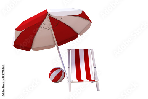 Composite image of striped folding chair and parasol with ball