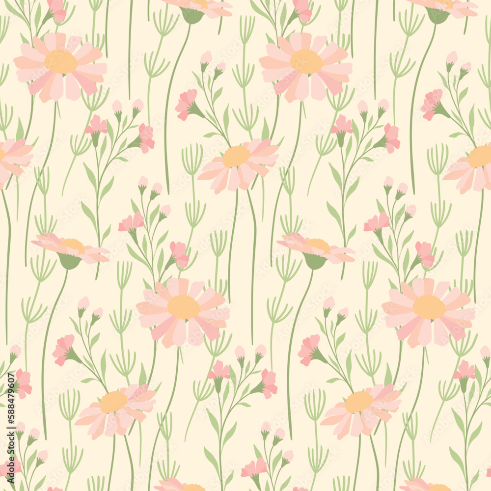 Seamless floral pattern, gentle spring print with wild flora. Romantic botanical design of hand drawn plants: large pink flowers, leaves, herbs on light background. Vector illustration, pastel colors.