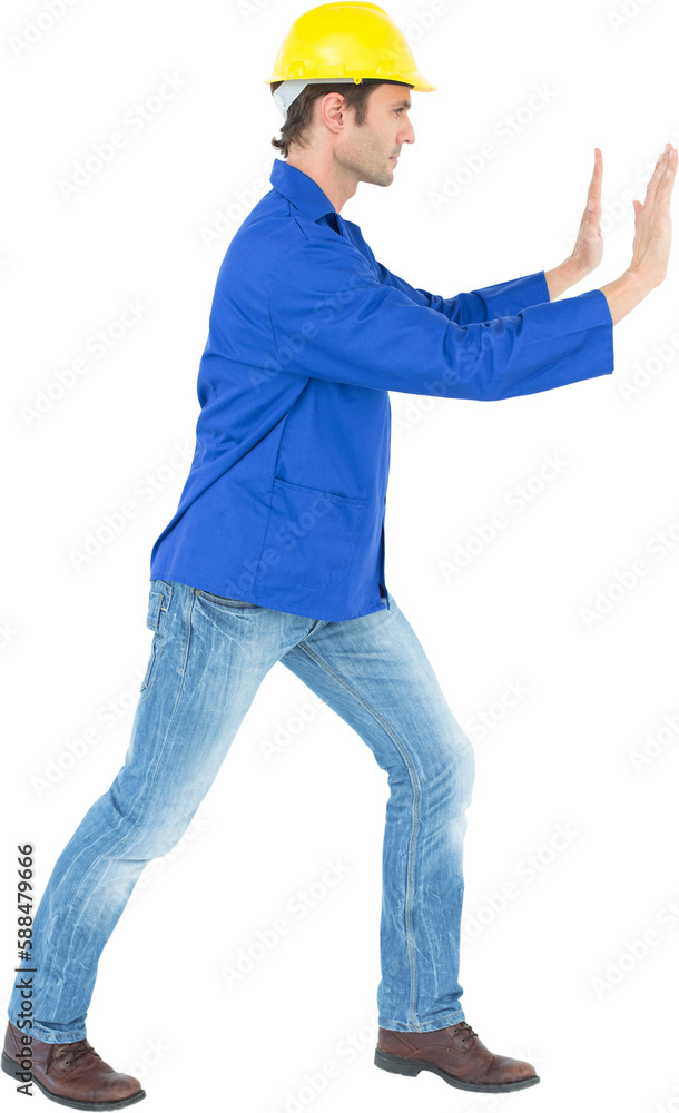 Male architect pushing over white background Male architect pushing over white background