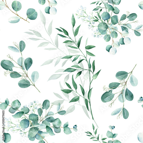 Fototapeta Naklejka Na Ścianę i Meble -  Seamless watercolor pattern with eucalyptus, gypsophila and pistachio branches on white background. Can be used for wedding prints, gift wrapping paper, kitchen textile and fabric prints.