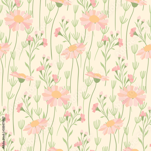 Seamless floral pattern, gentle spring print with wild flora. Romantic botanical design of hand drawn plants: large pink flowers, leaves, herbs on light background. Vector illustration, pastel colors.