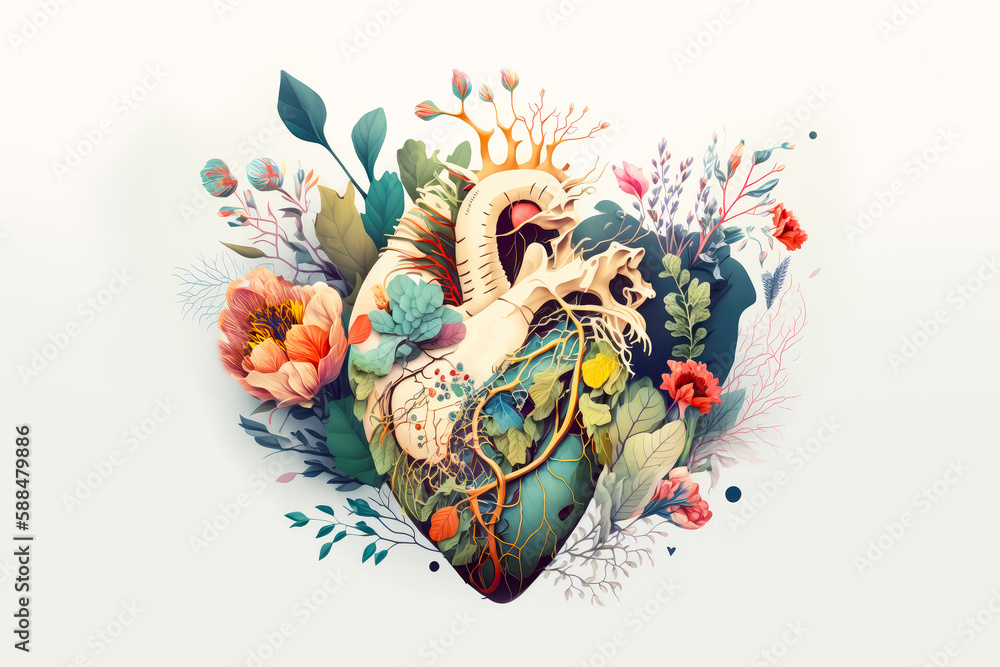 Human heart with flowers. Illustration for World Heart Day. Love, heart health, emotion, softhearted, unselfish concept. Generative ai.