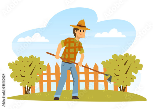 Man farmer working with hoe in garden or farm cartoon vector
