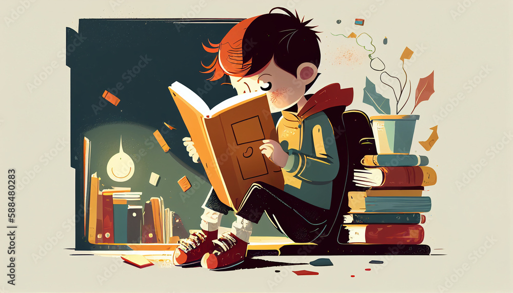 a boy reading in his books world - obrazy, fototapety, plakaty 