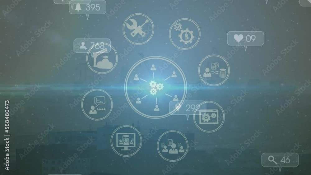 Animation of digital icons over cityscape Animation of digital icons over cityscape