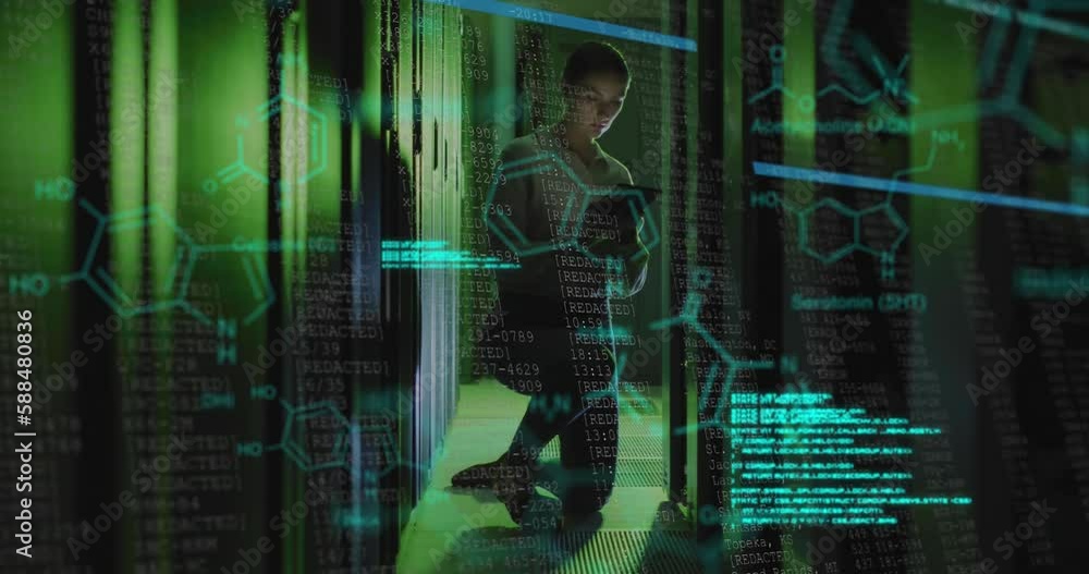 Animation of changing numbers, molecule structures over caucasian woman checking data server