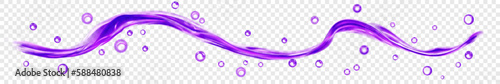 Translucent water wave with drops and bubbles in purple colors, isolated on transparent background. Transparency only in vector file