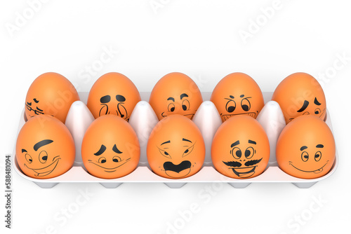Farm brown egg with expressions and funny face in plastic tray or cardboard