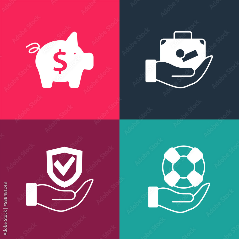 Set pop art Lifebuoy in hand, Shield, Travel suitcase and Piggy bank icon. Vector Set pop art Lifebuoy in hand, Shield, Travel suitcase and Piggy bank icon. Vector