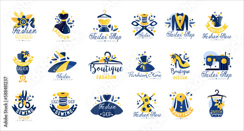 Fashion boutique logo design. Tailor shop and sewing hand drawn labels vector illustration
