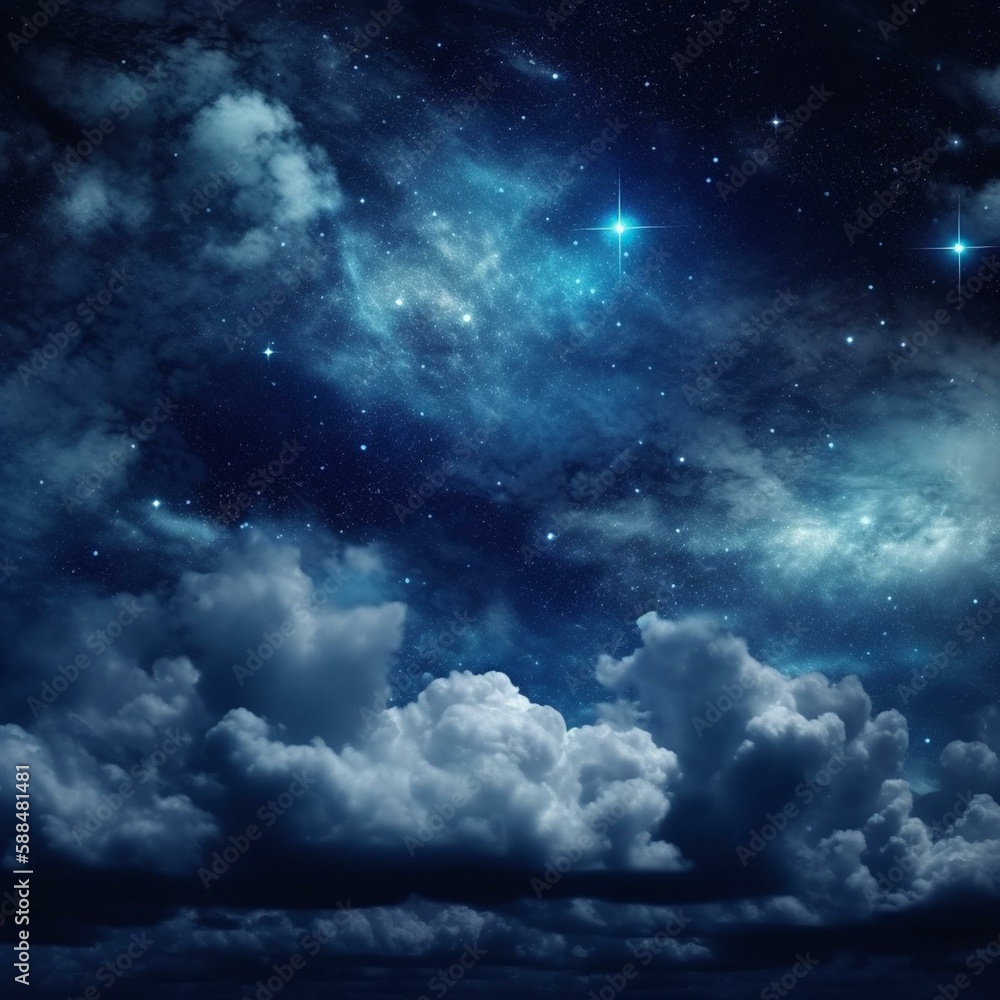 Black dark blue night sky with stars. White cumulus clouds. Moonlight, starlight. Background for design. Astrology, astronomy, science fiction, fantasy, dream. Storm front. ... Generative AI