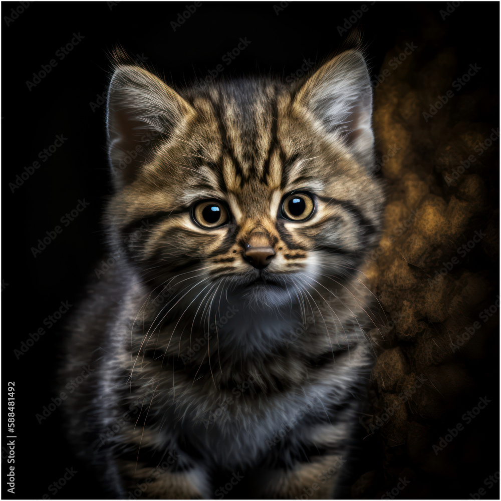 Cartoon Close up Portrait of a Cute Funny Baby Scottish Wildcat Closeup on a Colored Background Illustration Avatar for ui ux - Post-processed Generative AI