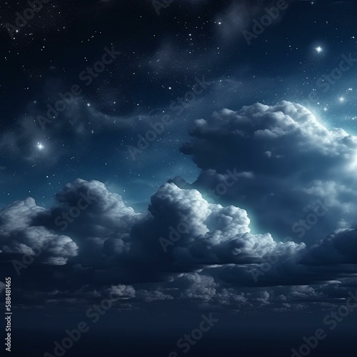 Black dark blue night sky with stars. White cumulus clouds. Moonlight, starlight. Background for design. Astrology, astronomy, science fiction, fantasy, dream. Storm front. ... Generative AI
