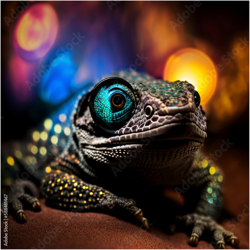 Cartoon Close up Portrait of a Cute Funny Baby Monitor Lizard Closeup on a Colored Background Illustration Avatar for ui ux - Post-processed Generative AI