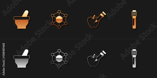 Set Mortar and pestle, Molecule, Genetically modified apple and Test tube icon. Vector