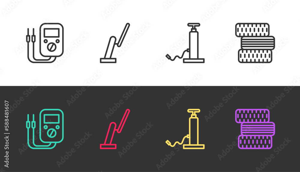 Set line Multimeter, Windscreen wiper, Car air pump and tire wheel on black and white. Vector Set line Multimeter, Windscreen wiper, Car air pump and tire wheel on black and white. Vector