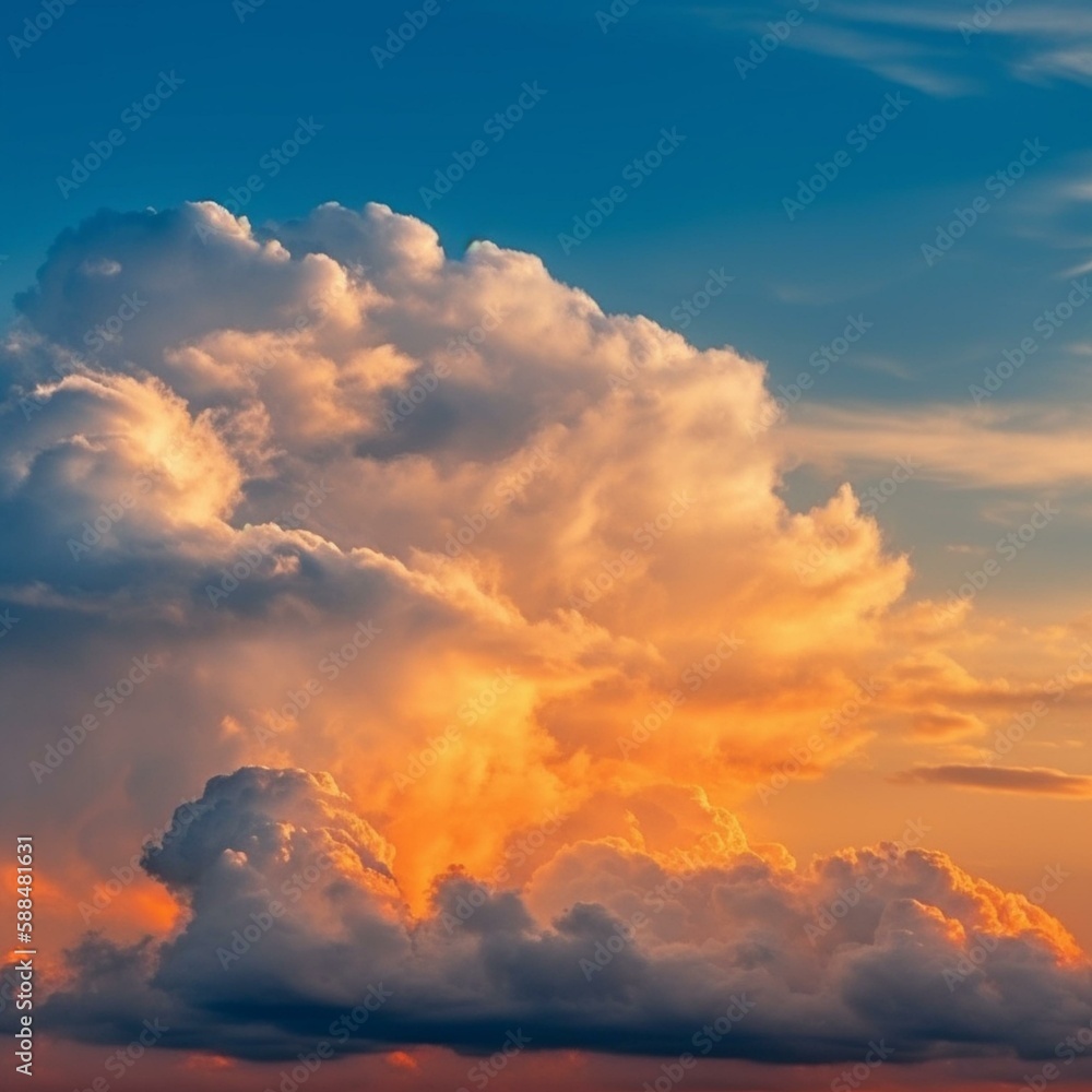 Blue sky with clouds at sunset. Panorama. Bright orange golden sunset. Colorful evening sky background. Wide banner. Copy space. Generative AI Blue sky with clouds at sunset. Panorama. Bright orange golden sunset. Colorful evening sky background. Wide banner. Copy space. Generative AI