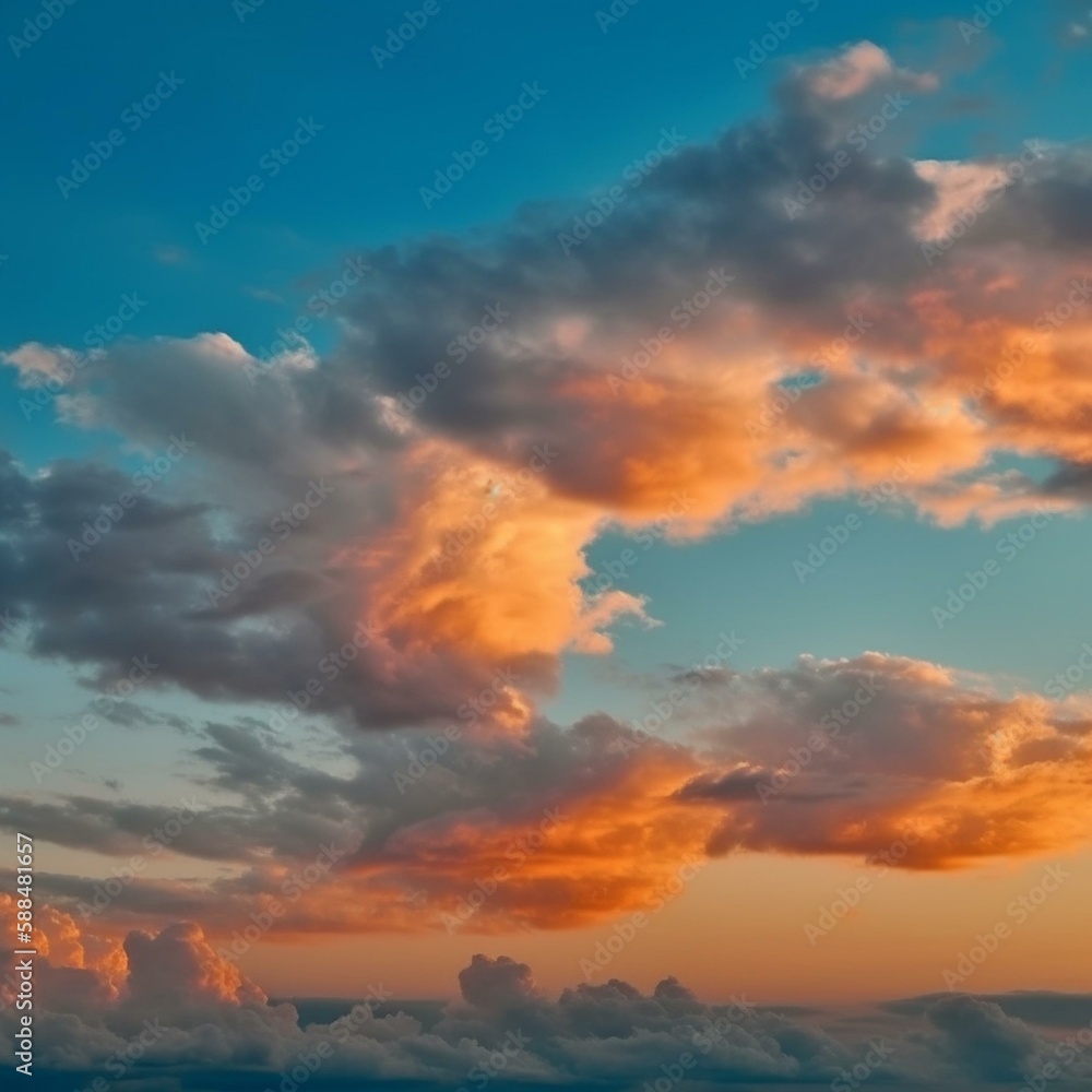 Fototapeta premium Blue sky with clouds at sunset. Panorama. Bright orange golden sunset. Colorful evening sky background. Wide banner. Copy space. Generative AI