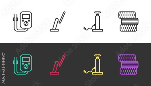 Set line Multimeter, Windscreen wiper, Car air pump and tire wheel on black and white. Vector