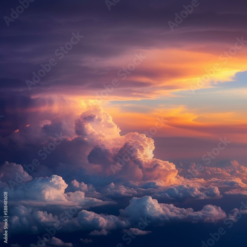 Sunset in the clouds. Blue orange purple sunset background. A bright beautiful sunset on a dramatic sky. Cloudscape. Evening thunderstorm. Generative AI