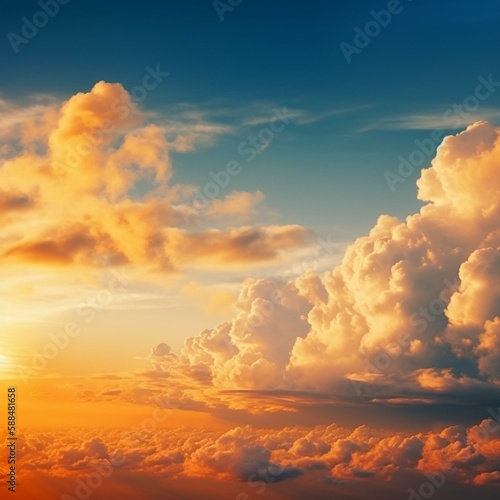 Blue sky with clouds at sunset. Panorama. Bright orange golden sunset. Colorful evening sky background. Wide banner. Copy space. Generative AI