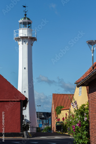 Ronne town street view with Ronne Lighthouse, Bornholm island, Denmark photo