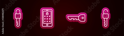 Set line Locked key, Mobile and graphic password, Key and Unlocked. Glowing neon icon. Vector