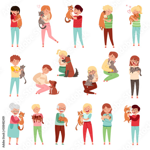People Characters with Cat and Dog Companion Big Vector Illustration Set