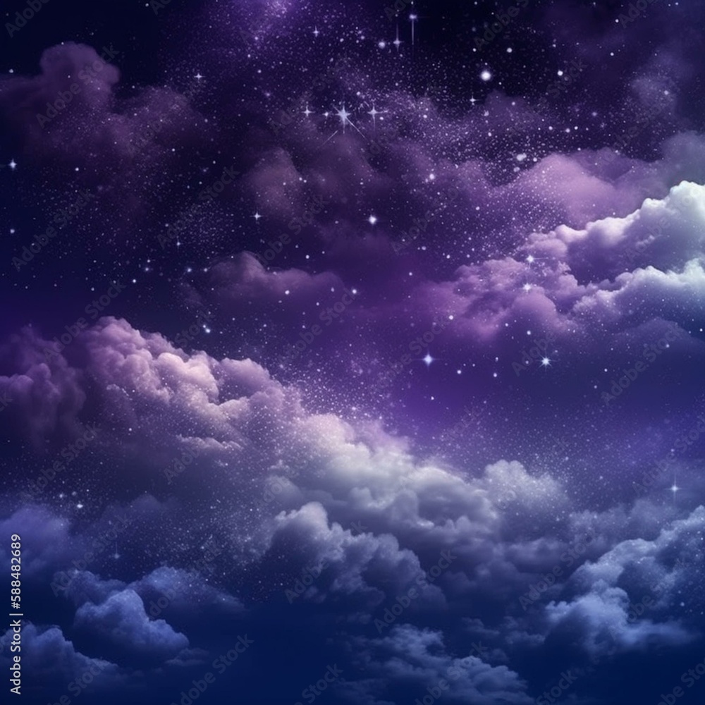 Purple night sky with fluffy clouds and stars. Fantastic sky background for design. Generative AI