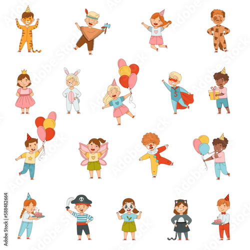 Cheerful Children in Masquerade Costumes and with Face Painting Engaged in Festive Celebration Big Vector Set
